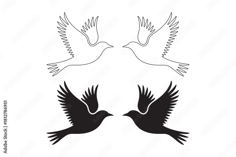 Fototapeta premium Two pairs of flying doves in outline and silhouette styles