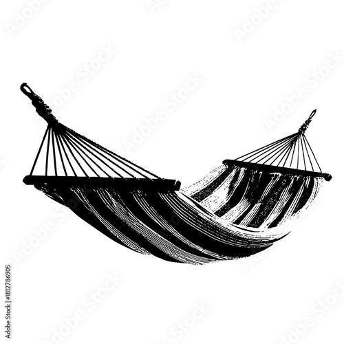 Illustration of a black and white striped hammock hanging with ropes and wooden supports in sketch style