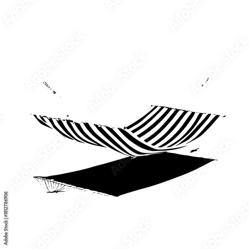 Black and white striped hammock suspended above a dark rectangular shadow on a white background scene