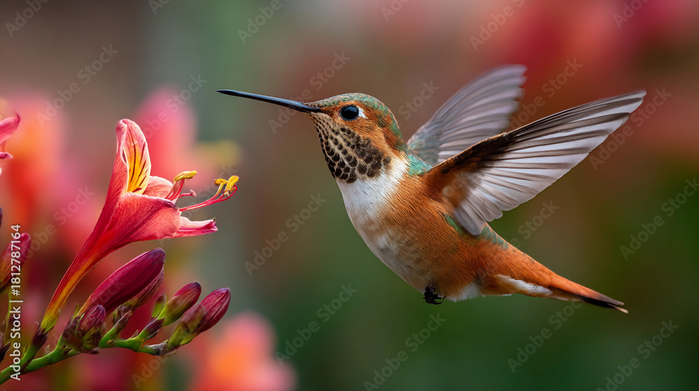 Fototapeta premium Hummingbird hovering near pink flowers in a colorful garden