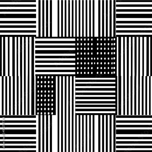Black and white abstract pattern with lines and dots in a geometric arrangement of squares and rectangles