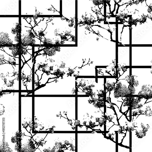Black and white image of blossoming branches framed by bold geometric lines in a modern design style