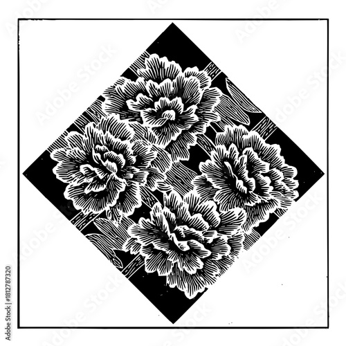 Floral arrangement with four detailed blossoms inside a diamond shape with a black background element