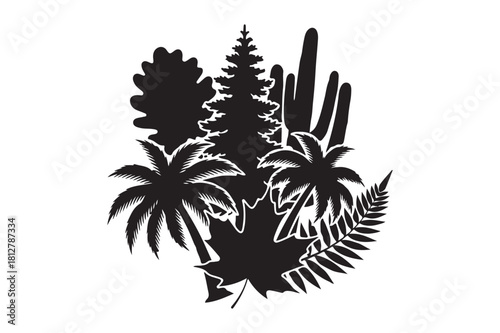 Silhouette of diverse tropical and temperate forest foliage