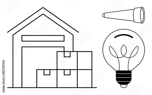 Warehouse with boxes symbolizes storage or logistics, lightbulb highlights innovation, and telescope reflects vision. Ideal for concepts thumbs up business strategy, supply chain, creativity