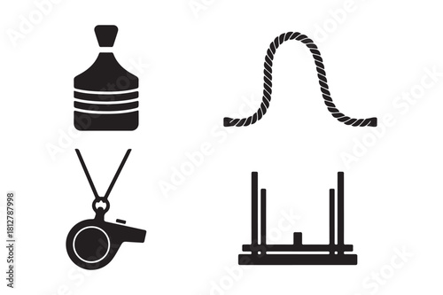 Sports equipment icons including whistle rope dumbbell and hurdles