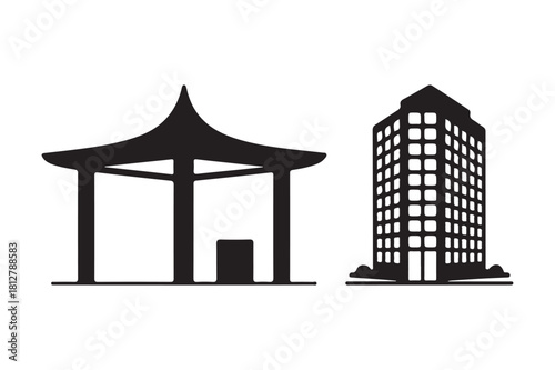 Silhouette of traditional gazebo next to modern skyscraper