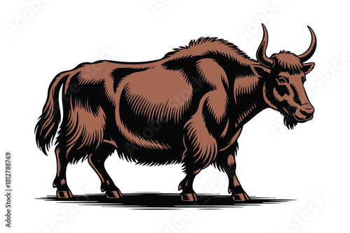 Illustration of a majestic brown yak with long horns