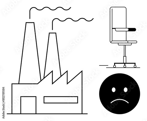 Factory with chimneys releasing smoke, office chair on wheels, and sad face indicating workplace dissatisfaction or environmental impact. Ideal for work-life balance, environment, emotional wellness
