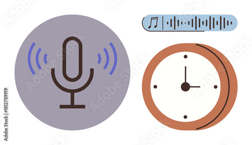 Microphone with radiating waves, sound waveform, and wall clock illustrating audio recording, time, and podcasts. Ideal for media, communication, productivity, broadcasting creativity podcasts