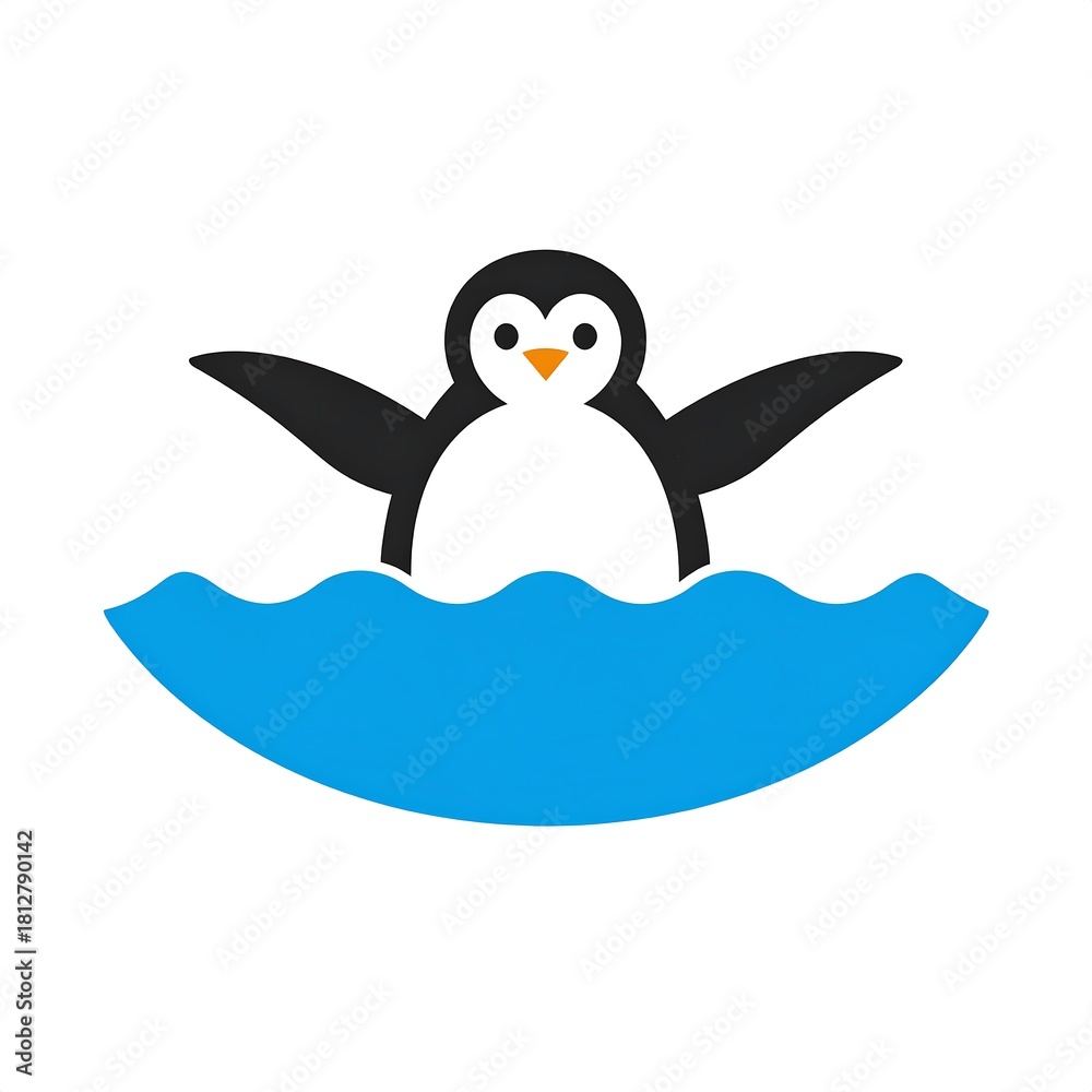 Obraz premium Cheerful penguin with outstretched wings floats in blue water.