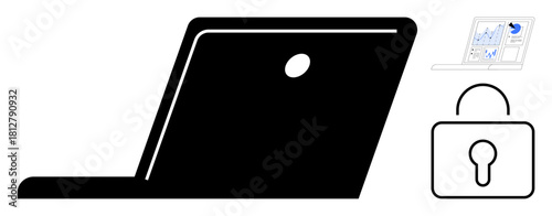 Black laptop profile with lock emphasizing data security and analytics screen. Ideal for privacy, cyber safety, encryption, business technology, secure design, online network safety, simple flat