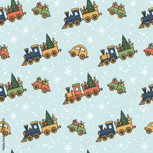 Seamless Whimsical Toy Train Vector Pattern Hand-Drawn Holiday Cars & Parcels on Icy Blue Background - High-Resolution Christmas Wallpaper SVG.