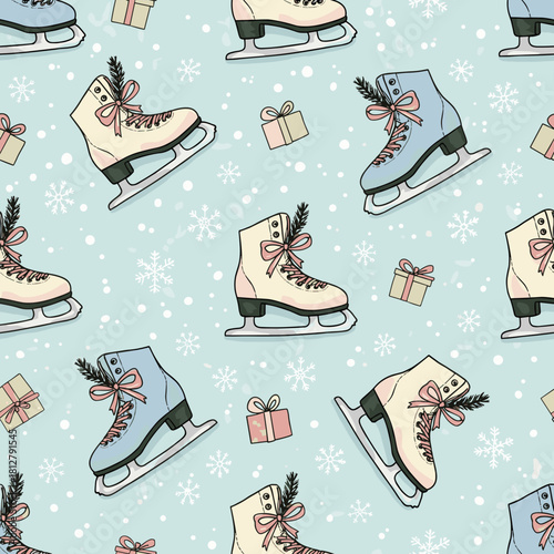 Whimsical Ice Skates Pattern Hand-Drawn Digital Art, Festive Blades and Gift Boxes on Icy Blue, Seamless Repeating SVGVector Tile.