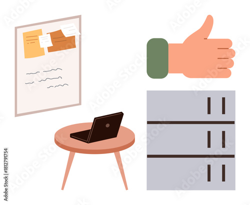 Laptop on round table, bulletin board with notes, filing cabinet, and thumb up gesture. Ideal for productivity, organization, planning, approval teamwork workspace setup motivation. Simple flat