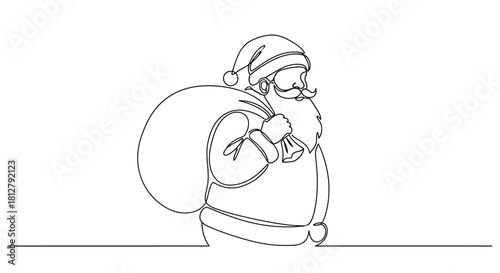 Continuous line drawing of Santa Claus carrying a sack full of presents for christmas time