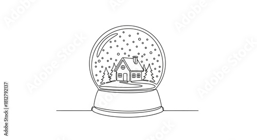 Elegant one-line illustration of a snow globe featuring a cozy house and winter landscape