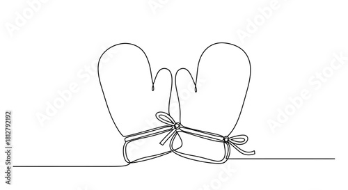 Continuous line drawing of winter mittens, minimalist style winter clothing illustration for