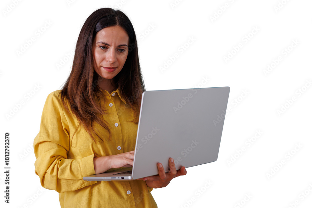 Naklejka premium Woman working on laptop, typing and connecting online, remote business professional using technology