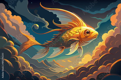 A golden fish flying through the shining clouds in a dreamy sky, a magical fantasy creature that symbolizes boundless desires, determination and goals, a strange surreal image that represents ambition