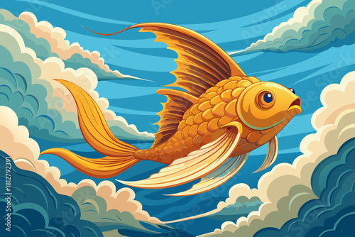 A golden fish flying through the shining clouds in a dreamy sky, a magical fantasy creature that symbolizes boundless desires, determination and goals, a strange surreal image that represents ambition