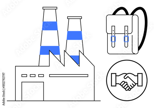 Education and industry. Education synergy with factories and handshake symbols for collaboration. Education driving workforce development and industrial progress. For business, training