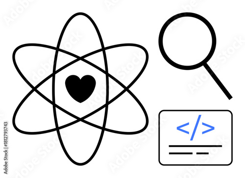 Atom with heart, magnifying glass, code snippet. Ideal for innovation, exploration, science, technology, digital learning discovery research. Minimalistic simple flat metaphor