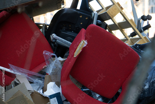 Broken Red Office Chairs Dumped as Commercial Waste - Furniture Disposal Mess