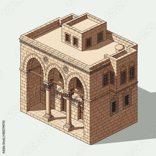 Isometric illustration of a brick building featuring classical architecture