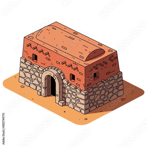 Isometric illustration of a fortified structure, a sandstone architecture