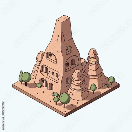 Isometric Illustration of an Ancient Desert Temple with a Cartoon Style