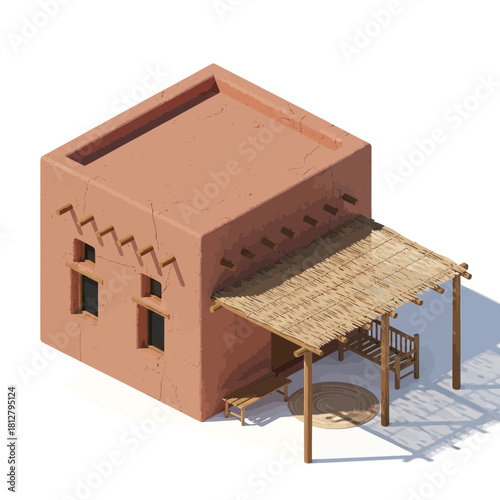 Isometric rendition of a traditional adobe house with a reed shade structure