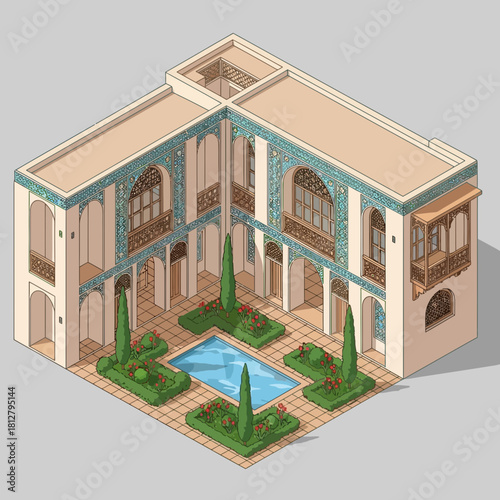 Isometric rendering of a traditional riad featuring a central courtyard oasis