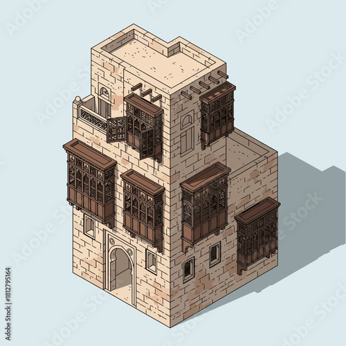 Isometric rendition of a traditional Middle Eastern residential building