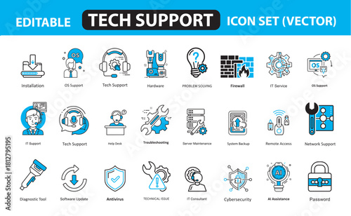 Art & IllustrationTech Support Icon Set – IT Support, Troubleshooting, Help Desk, Cybersecurity, System Backup, AI Assistance & Problem-Solving Icons for Software, Web, Apps, and Infographics
