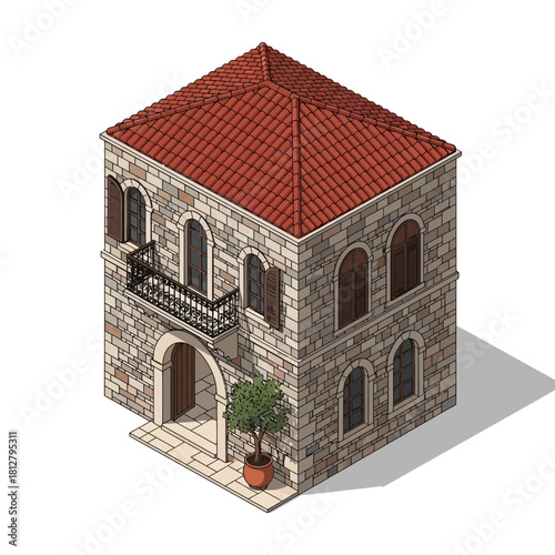 Isometric stone house with a red tiled roof and potted olive tree illustration