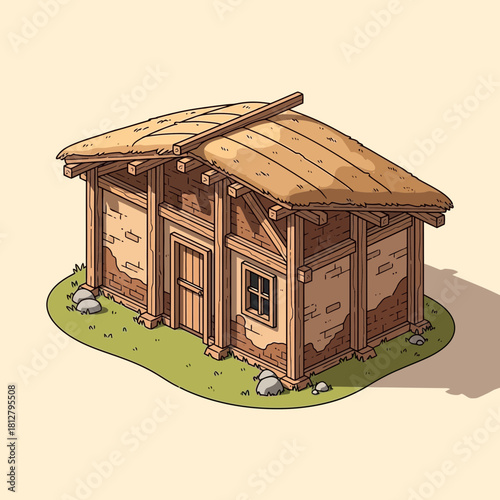 Stylized Medieval Thatched Cottage Isometric Illustration for Game Assets