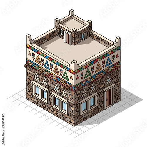 Isometric desert dwelling with geometric accents and stone facade architecture