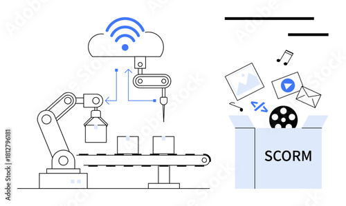 Robotic arm transferring packages while accessing cloud-connected data. SCORM box receiving multimedia elements. Ideal for automation, cloud tech, e-learning, industry 4.0, software, integration