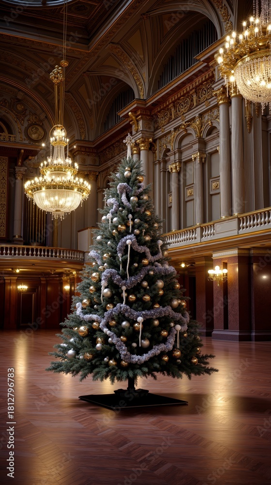 custom made wallpaper toronto digitalA large christmas tree in the middle of a large room with chandeliers