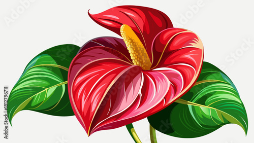 Very beautiful close-up illustration of a vibrant red anthurium with glossy petals, smooth heart-shaped spathe, and detailed spadix, presented in a clean botanical style suitable for stock use.