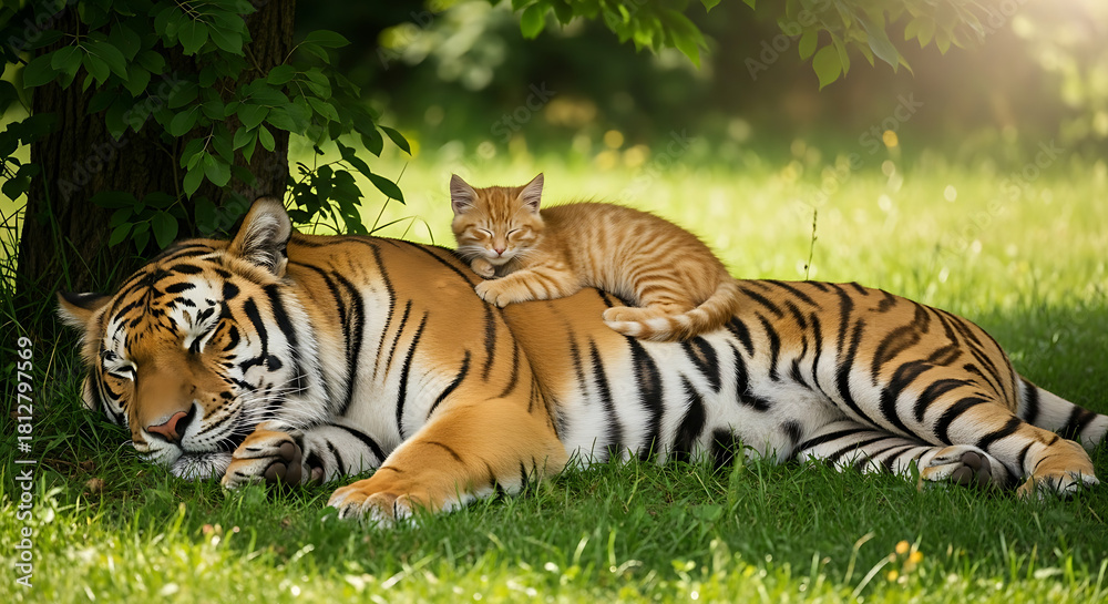Obraz premium Relaxing Tiger With Sleeping Cub Outdoors Under Shade