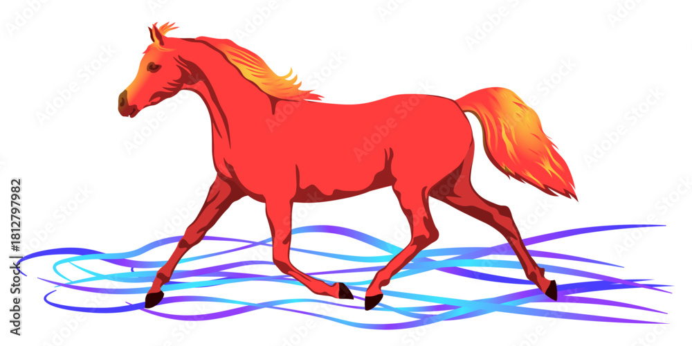Obraz premium Running horse on white background, red and yellow colors. Vector illustration. 