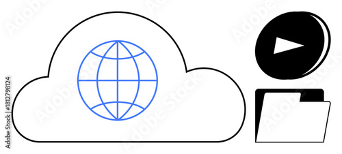 Cloud with globe symbolizing global access, multimedia file with play button, folder for organizing. Ideal for data storage, file sharing, remote work, streaming, cloud services, productivity tools