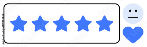 Five blue stars showcasing a perfect rating, accompanied by a neutral face and heart. Ideal for user experience, customer satisfaction, product review, business quality, feedback, digital rating