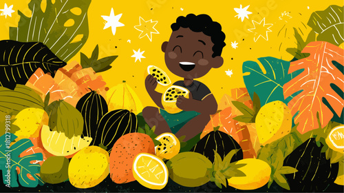 A joyful Black child eating passion fruit surrounded by tropical fruits for kids food packaging and educational materials
