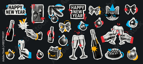 Happy New Year collage with various halftone elements like hands, champagne, gifts, and ornaments for holiday celebration event.