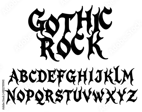 Gothic rock style alphabet with dramatic, curved black letters on a white background. The design features ornate, spiked shapes, evoking a dark and elegant gothic theme.