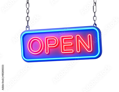  Neon Blue and Red Open Sign with Hanging Chain PNG
