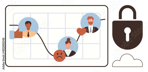 Graph with emotional icons, human avatars, and a padlock representing data protection, privacy, and secure communication. Ideal for technology, business, risk, emotion analytics security